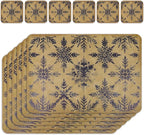 Le courant 16.9in 6PACK Winter Decoration Blue Snowflake Placemats with 6 Coasters, Reversible Faux Leather Easy Clean Waterproof Stain Resistant Place Mats, for Home Party Dining Holiday Table Decor