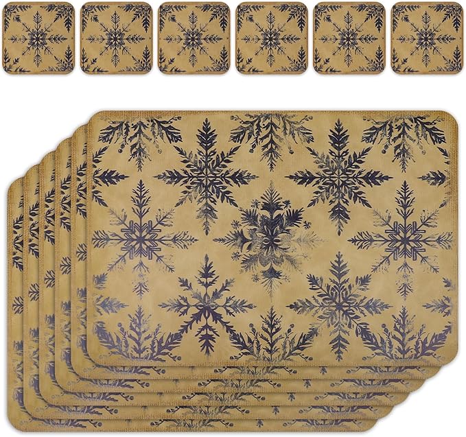 Le courant 16.9in 6PACK Winter Decoration Blue Snowflake Placemats with 6 Coasters, Reversible Faux Leather Easy Clean Waterproof Stain Resistant Place Mats, for Home Party Dining Holiday Table Decor