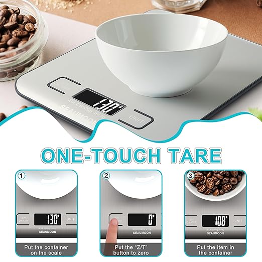 Food Scale Kitchen-Scale 11lb/5kg Food Scale for Kitchen Stainless Steel LCD Display Tare Function (g/oz/ml) for Meal Prep Coffee (Batteries Included)