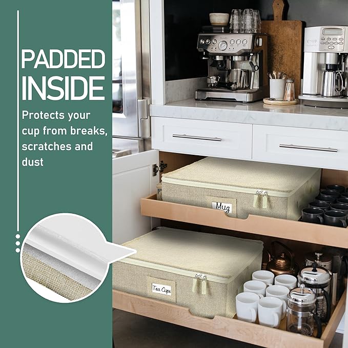 LotFancy Cup and Mug Storage Box, Hard Shell, China Coffee Mug Storage Container for Moving, Holds 12 Tea Cups, with Dividers & Handles, Beige