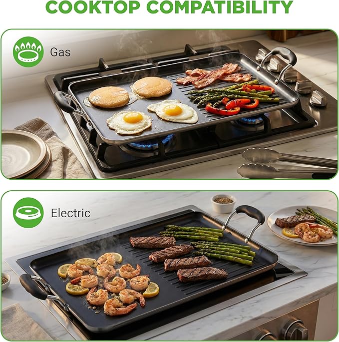 NutriChef 24" Stove Top Griddle Pan, Nonstick Double Burner Grill & Griddle Combo, Ridged & Flat Surfaces, Suitable for Frying & Searing, Cool-Touch Handles, Easy to Clean, Black