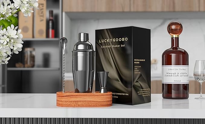 LUCKYGOOBO Cocktail Shaker Set,24 oz Martini Shaker,Bartender Kit with Stand,Stainless Steel Martini Mixer Built-in Strainer,Bar Tool Set,Drink Shaker,Fun Gifts. (Black)