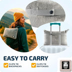 Travel Blanket and Pillow Set — Airplane Blanket with Inflatable Pillow and Cotton Pillowcase, Travel Blanket Combo with Back-Neck Snaps for Long Flights