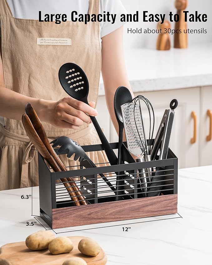 Utensil Holder for Kitchen Counter, Cooking Utensil Holder with Stone Drying Mat for Storage Spatula, Ladle, Scoop in Farmhouse Countertop with Wooden Pattern Printed, Matte Black