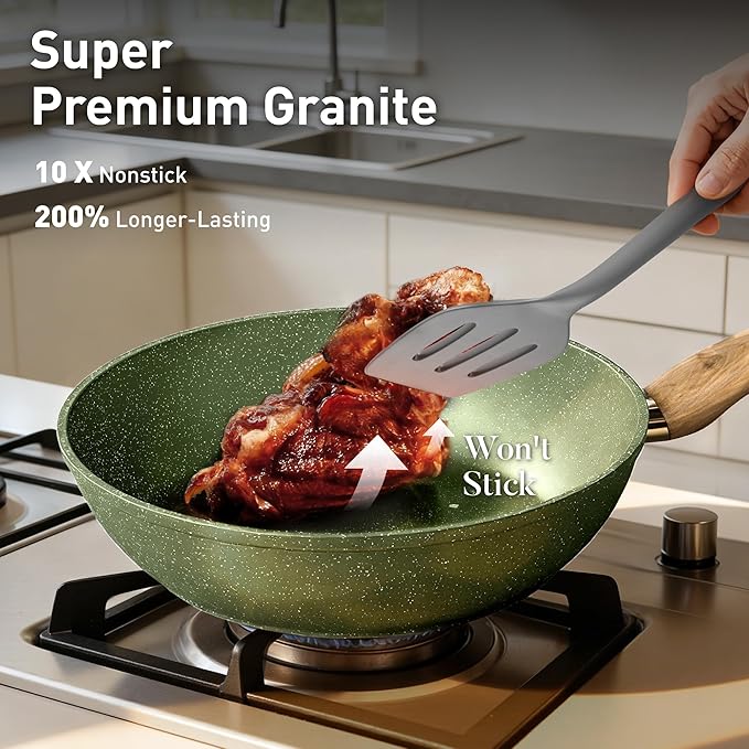 17 Piece Pots and Pans Set Non Stick, Nonstick Induction Granite Kitchen Cookware Sets, Induction Cookware Frying Pans, Nonstick Granite Cooking Set, Pan Sets for Cooking, Green