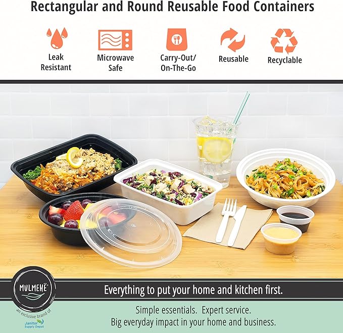 MULMEHË Plastic Food Storage Take-Out Container and Lid Combo, 32 oz, Microwaveable, Round, Black, 7x2”, Set of 150