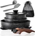 Kitchen Academy Removable Handle Induction Pots and Pans Set - 10 Piece Non-stick Cookware Sets, Black Granite Stackable RV Cookware for Camp