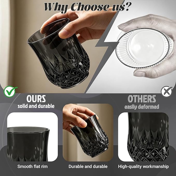 12 Pack Plastic Stemless Wine Glasses,12oz Unbreakable Vintage Elegant Drinking Glass Set,Reusable Fancy Cocktail Cups for Party, Wedding, and Bulk Events (12, 12oz-Black)