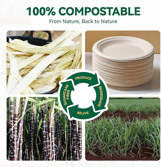 JOLLY CHEF 100% Compostable Small Paper Plates, 200 Pack 6 Inch Heavy Duty Dessert Plates, Disposable Biodegradable Eco-Friendly Sugarcane, Bulk Nature