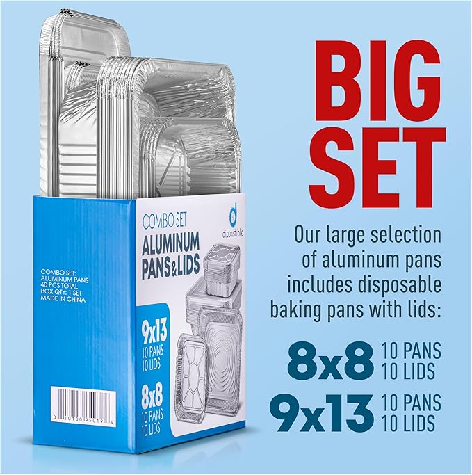 Diplastible Disposable Aluminum Pans With Lids, 9x13 (10pc) And 8x8 Square (10pc) Combo Set, Disposable Baking and Cake Pan (Pack of 20)