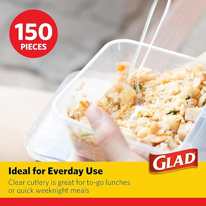 Glad Premium Assorted Plastic Cutlery | Clear Extra Heavy Duty forks, Knives, And Spoons | 150 Piece Set of Disposable Party Utensils, and Sturdy Cutlery