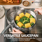 MICHELANGELO Saucepan Set 6pc with Steamer Insert, 18/10 Stainless Steel Sauce Pans with Lids, Tri-Ply Bottom Sauce Pots, Induction Compatible, 1QT & 2QT & 3QT