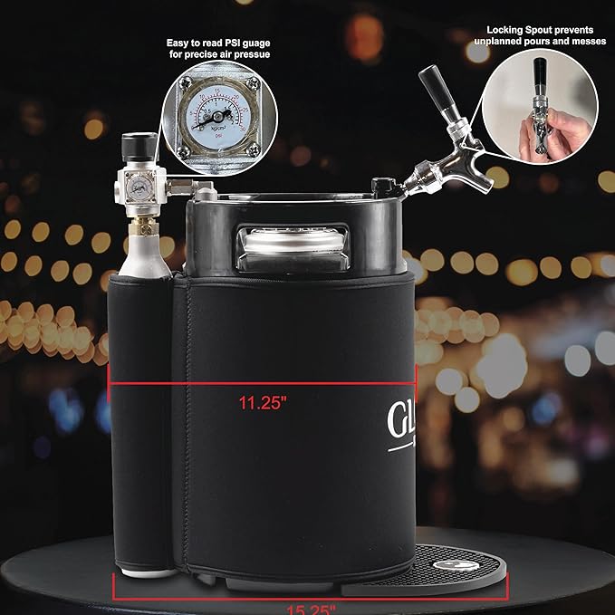 Gloria 10L (2.6 Gal) Mini Keg, Pressurized Keg for Drinks, with Tap System, Co2 Regulated, Stainless Steel