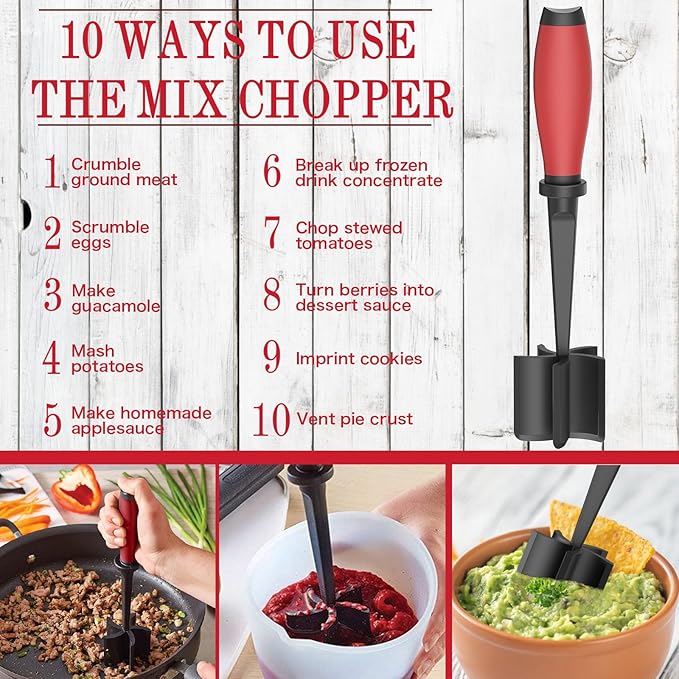 Meat Chopper, 5 Curve Blades Ground Beef Masher, Heat Resistant Meat Masher Tool for Hamburger Meat, Ground Beef, Turkey and More, Nylon Hamburger Chopper Utensil Non-scratch Utensils-red