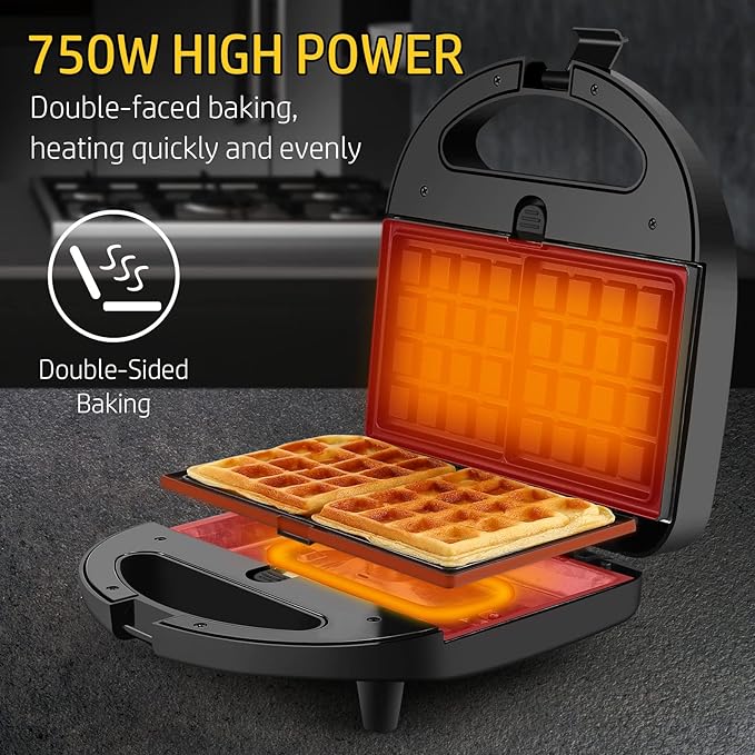 OSTBA 3-in-1 Sandwich Maker with Removable Plates, Panini Press, Waffle Maker, Non-Stick, 750W Compact Breakfast Grill for Sandwiches, Waffles, Steak, Black