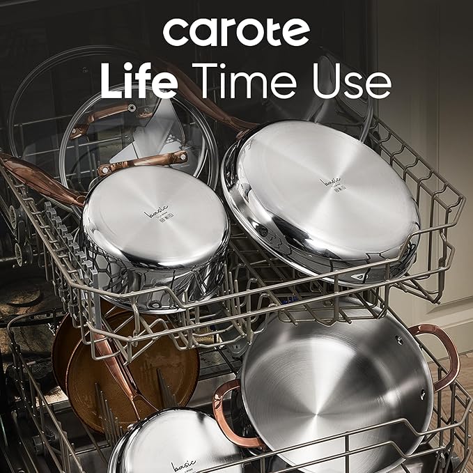 CAROTE 1.5Qt Stainless Steel Saucepan, Non-Toxic 3-Ply Stainless Steel Cookware Set with Lids, Small Kitchen Pots, Oven Safe, Compatible with Induction, Ceramic, Gas