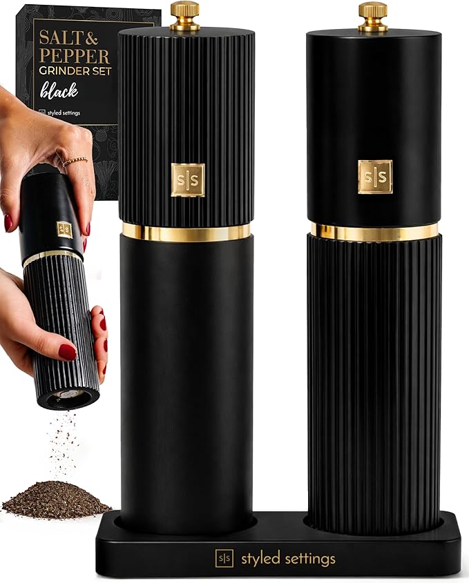Wooden Salt and Pepper Grinder Set – Refillable Manual Salt and Pepper Mills with Adjustable Ceramic Burrs, Gold Detailing, and Wood Stand – Black