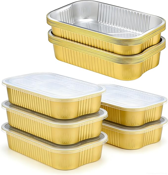 13"x 9"Gold Aluminum Foil Pans with Chear Lids & Handles(20 Pack) Heavy Duty Aluminum Pans, Disposable Foil Pans Containers for Cooking, Baking, Reheating, Freezer, Oven, Food Storage, 118oz