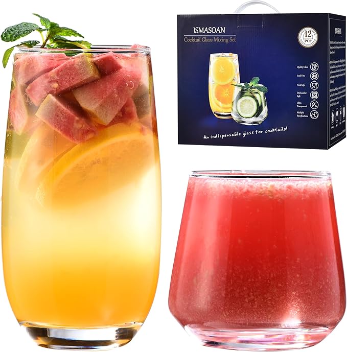 ISMASOAN Drinking Glasses Set of 12-6 Tall Glass Cups 17 oz and 6 Short Stemless Wine Glasses 10 oz,Glass Sets for Drinking,Glassware Sets,Drinkware Glasses Set,Mojito Glass, Gift Box Set