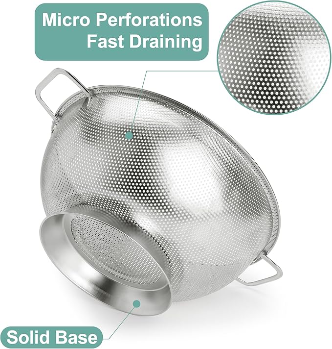 Kaishun Colander Stainless Steel 3-Quart, Kitchen Strainer for Pasta, Fruits Vegetables, Dishwasher Safe