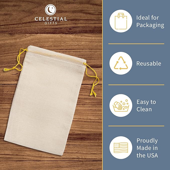 Celestial Gifts Muslin Bags - Double Drawstring Bags Small 100pcs - 2.75x4, Reusable Tea, Jewelry, Gift, Spice and Sachet Bag - 100% Cotton - Made in USA - (Natural Hem & Yellow Double Drawstring)