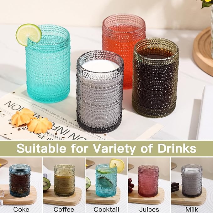 JOVGANK Colored Vintage Hobnail Drinking Glasses Set of 6, Water Tumbler 15oz, Kitchen & Bar Beaded Highball Glasses, Beverage Glass Cups for Water, Beer, Juice, Housewarming and Mother's Day Gift