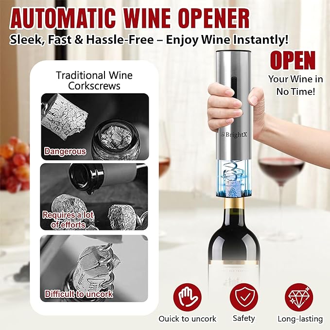 BRIGHTX Premium Electric Wine Bottle Opener Gift Set – Rechargeable Cork Screw with Foil Cutter & Charging Base – Automatic Cork Remover, Wine Accessories Kit | Best Wine Gifts for Wine Lovers, Women