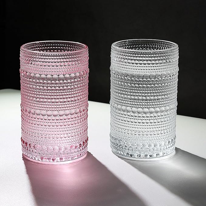 Hobnail-Drinking Glasses 13oz Vintage Glassware Sets Cocktail Juice Glasses Set of 6, Pink