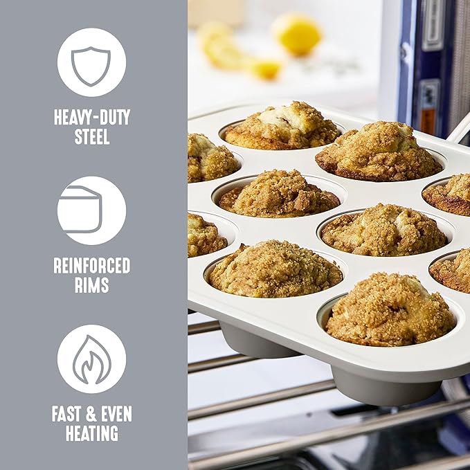 GreenLife 12-Cup Muffin Pan, PFAS-Free Healthy Nonstick Baking Tray, 11.4" x 1.9" x 15.9", Durable Ceramic Bakeware, Cupcakes, Egg Bites, Tarts, Brownies, Gray