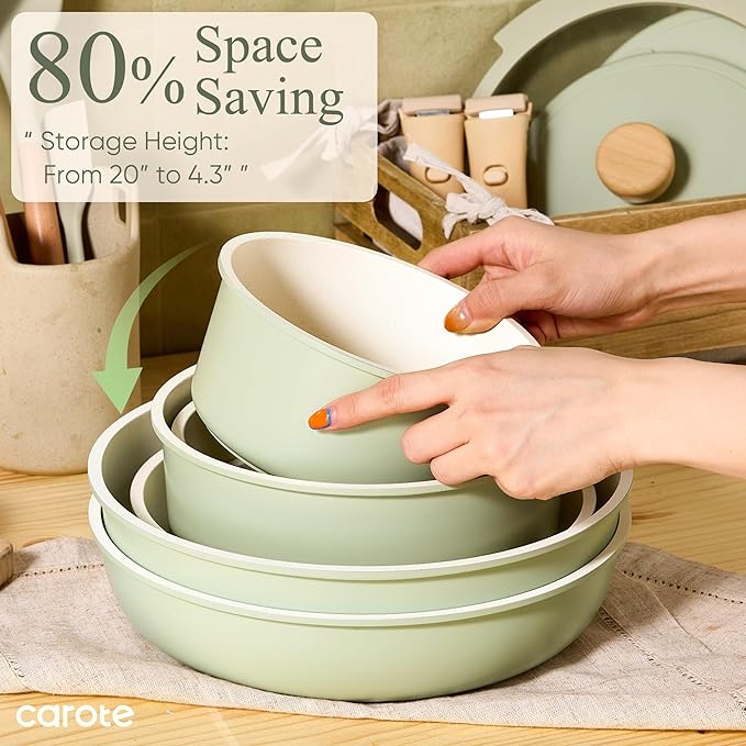 CAROTE Pots and Pans Set, Nonstick Cookware Set Detachable Handle, 19pcs Induction Kitchen Cookware Sets Non Stick with Removable Handle, RV Cookware Set, Oven Safe, Sage Green