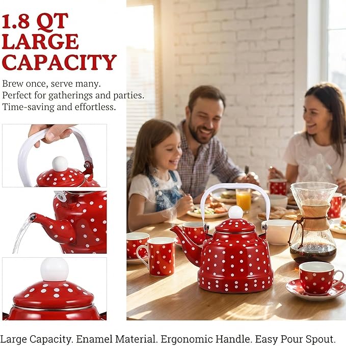 1.8 Quart Red Vintage Enamel Tea Kettle - Stovetop Safe Cute Retro Water Kettle, Enamel on Steel No Whistling Hot Water Pot for Home Kitchen Decor, Coffee & Tea Making