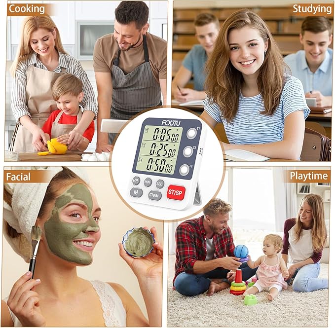 FCXJTU Digital Dual Kitchen Timer, 3-Channel Magnetic Countdown Stopwatch Timer for Cooking, Large Display, Loud Alarm, 100Hr Multi Food Classroom Timer for Seniors & Teachers (Battery Included)