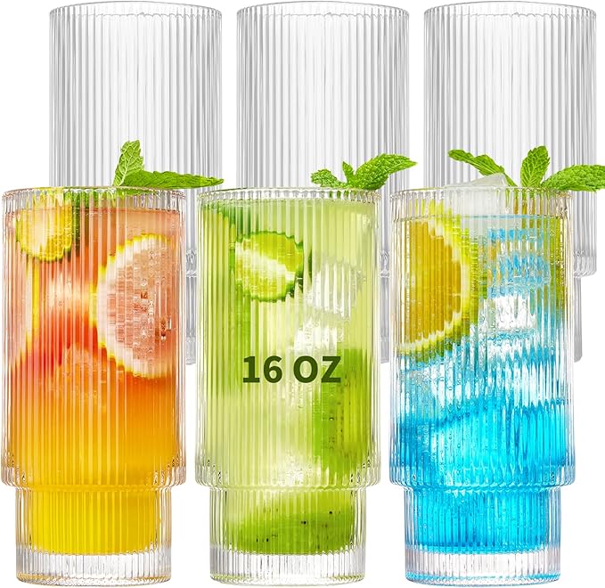 Qipecedm 6 Pack Ribbed Drinking Glasses, 16 oz Vintage Glass Cups, Highball Glasses, Premium Iced Coffee Glasses, Clear Glass Tumbler, Cocktail Glasses, Elegant Glassware for Water Juice Whiskey Beer