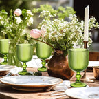 Reallnaive Green Glass Goblets Set of 8, 13 oz Vintage Goblet Glassware Decorative Wine Glasses, Cute Water Drinking Cups, Vertical Line Embossed Pattern Drinkware Cocktail Set for Xmas Gifts