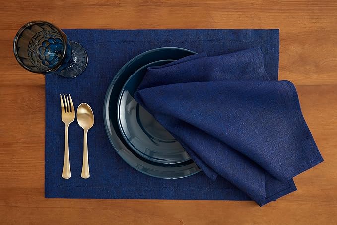 Solino Home Linen Cloth Placemats Set of 4-100% Pure Linen Royal Blue Placemats 14 x 19 Inch for New Year - Athena