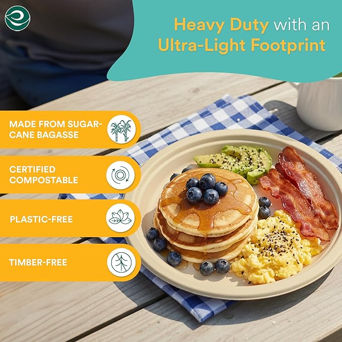 ECO SOUL 100% Compostable 10 Inch Paper Plates 200 [2x100 Pc] Disposable Party Plates I Heavy Duty Eco-Friendly Sturdy Dinner, Wedding, Event Plates I Biodegradable Unbleached Sugarcane Eco Plates