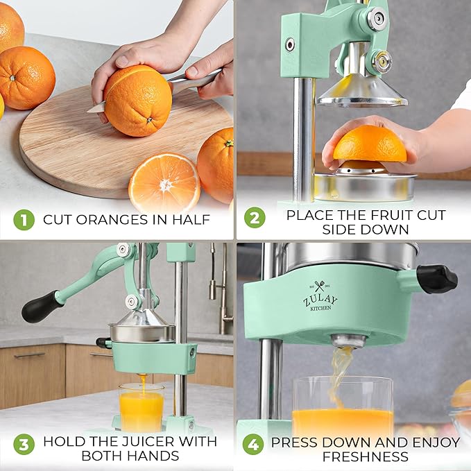 Zulay Kitchen Cast Iron Juicer - Easy-to-Clean Heavy-Duty Manual Juicer, Professional Citrus Juicer - Stainless Steel Lemon Squeezer - Manual Citrus Press & Orange Squeezer - Orange Juicer – Mint