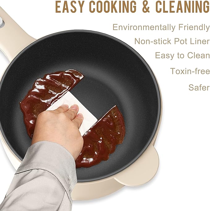 Dezin Hot Pot Electric, 2L Non-Stick Sauté Pan, Rapid Noodles Cooker, Mini Portable Pot for Steak, Egg, Fried Rice, Ramen, Oatmeal, Soup with Power Adjustment & Spatula, College Dorm Room Essential