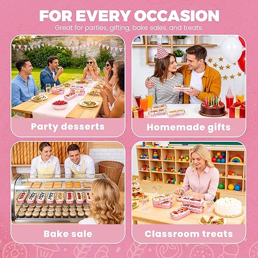 NPLUX 50 PACK Mini Cake Pans with Lids and Spoons,Rectangular Aluminum Foil Bread Pan,Mini Loaf Pans and Food Containers with Lids(Pink,6.8oz)