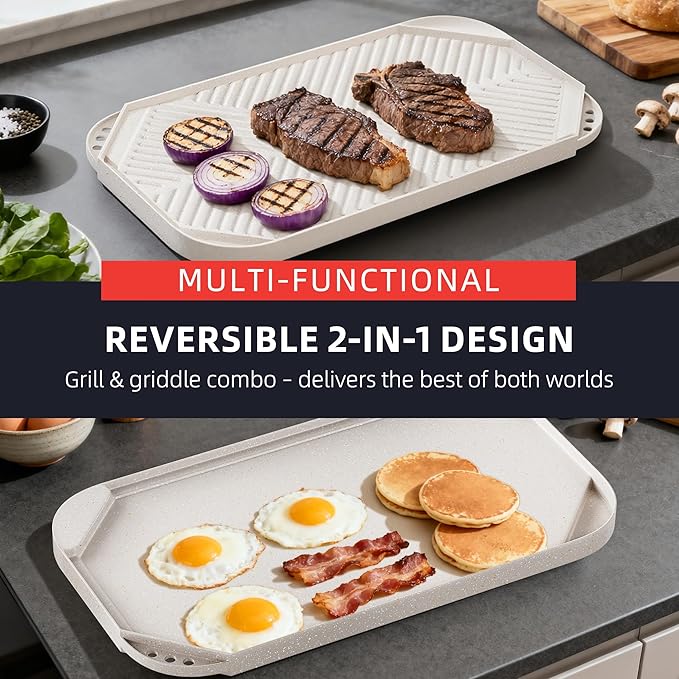 Caannasweis Nonstick Griddle Grill Pan - 19.5" x 11" Reversible Griddle Pan for Stove Top, Grill, or Campfire, Two Burner Cast Aluminum Grill, Rectangular Baking Flat and Ribbed Griddle Plate, Beige