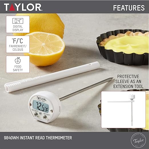 Taylor Instant Read Digital Meat Thermometer for Grill, BBQ & Kitchen, NSF Approved, Fast Internal Temperature Readings, F/C Switchable Display, Battery Included, Pocket Sleeve Clip, White