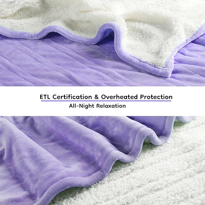 Electric Heated Blanket King Size - 90"x100", Soft Flannel Heating Blanket, 10 Heating Levels, 1-12 H Auto Shut Off, Breathable Warm and Washable for Bed, Light Purple