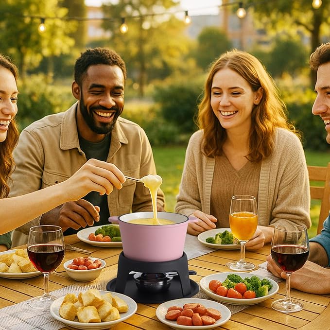Artestia Cast Iron Cheese Fondue Pot Set for Chocolate Swiss Fondue Set Camping Fondue Set with 6 Fondue Forks, 11-Piece Cheese Fondue Set Serve 6 Persons (Pink)