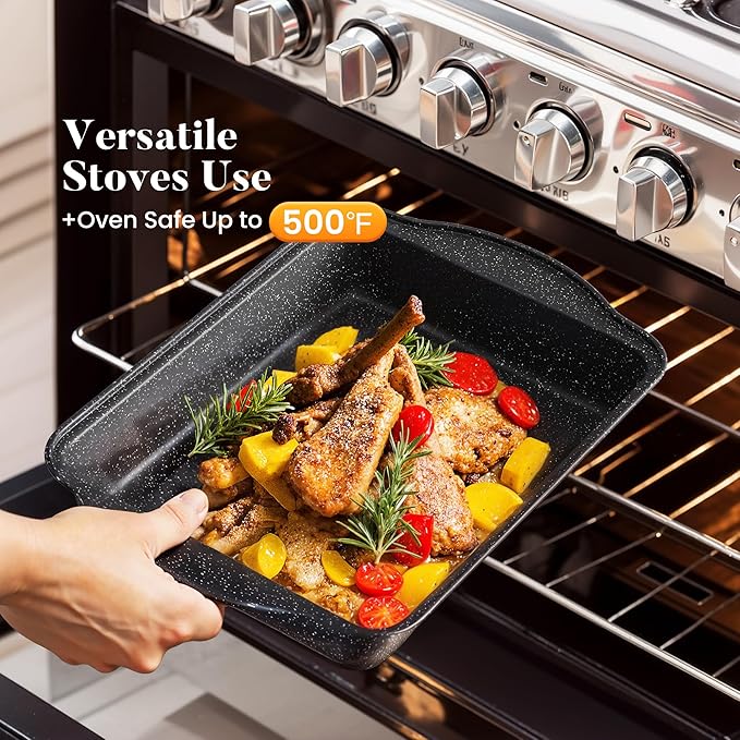 Kitchen Academy 17Pcs Induction Cookware Sets, Granite Pots and Pans Set Non Stick, Black Kitchen Cooking Pans, PFOA & PFOS Free