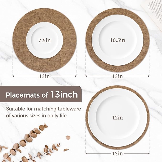 13" Round Placemats Set of 6, Reversible Faux Leather Heat Resistant Table Mats, Waterproof Oilproof Wipeable Table Protective Placemats for Vinyl, Washable for Indoor & Outdoor Use (6, Light Brown)