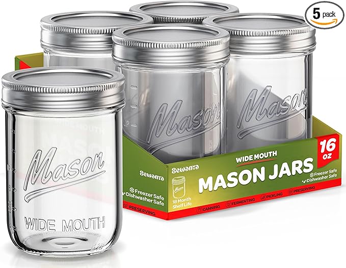 SEWANTA Wide Mouth Mason Jars 16 oz [5 Pack] With Mason Jar Lids and Bands, Mason Jars 16 oz - For Canning, Fermenting, Pickling - Jar Décor - Microwave/Dishwasher Safe.