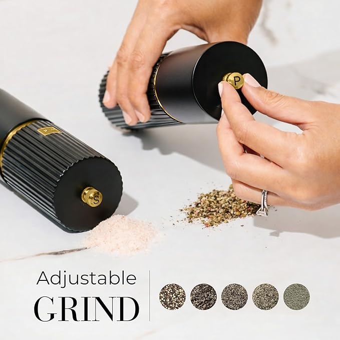 Wooden Salt and Pepper Grinder Set – Refillable Manual Salt and Pepper Mills with Adjustable Ceramic Burrs, Gold Detailing, and Wood Stand – Black