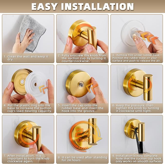 Suction Cup Hooks for Shower - Bathroom Reusable Hooks for Towels, Robes & Loofah - No-Drill Mounting on Kitchen,Walls,Metal,Glass,Mirrors,Tile & Smooth Non-Porous Surfaces (4, Brushed Gold)