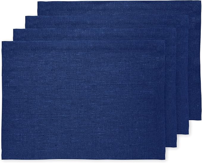 Solino Home Linen Cloth Placemats Set of 4-100% Pure Linen Royal Blue Placemats 14 x 19 Inch for New Year - Athena