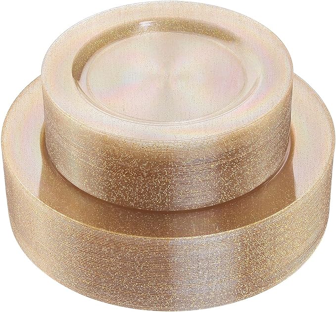 I00000 102PCS Gold Glitter Plastic Plates, Gold Glitter Disposable Plates Clear Plastic Party Plate Include 51 Dinner Plate 10.25" and 51 Dessert Plate 7.5" for Parties &Wedding